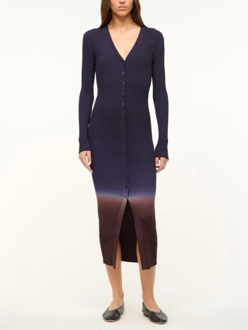 STAUD Ribbed Gradient Long-Sleeve Midi Dress - Navy to Brown